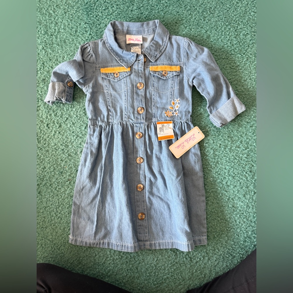 Little Lass Girls Denim Dress with Embroidery